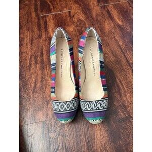 Chinese Laundry Platform Size 6.5 Purple Multi Color Tribal Tapestry Suede Heel